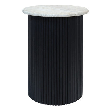Orsina Walton Travertine Side Table | Ridged Black Acacia Wood Base