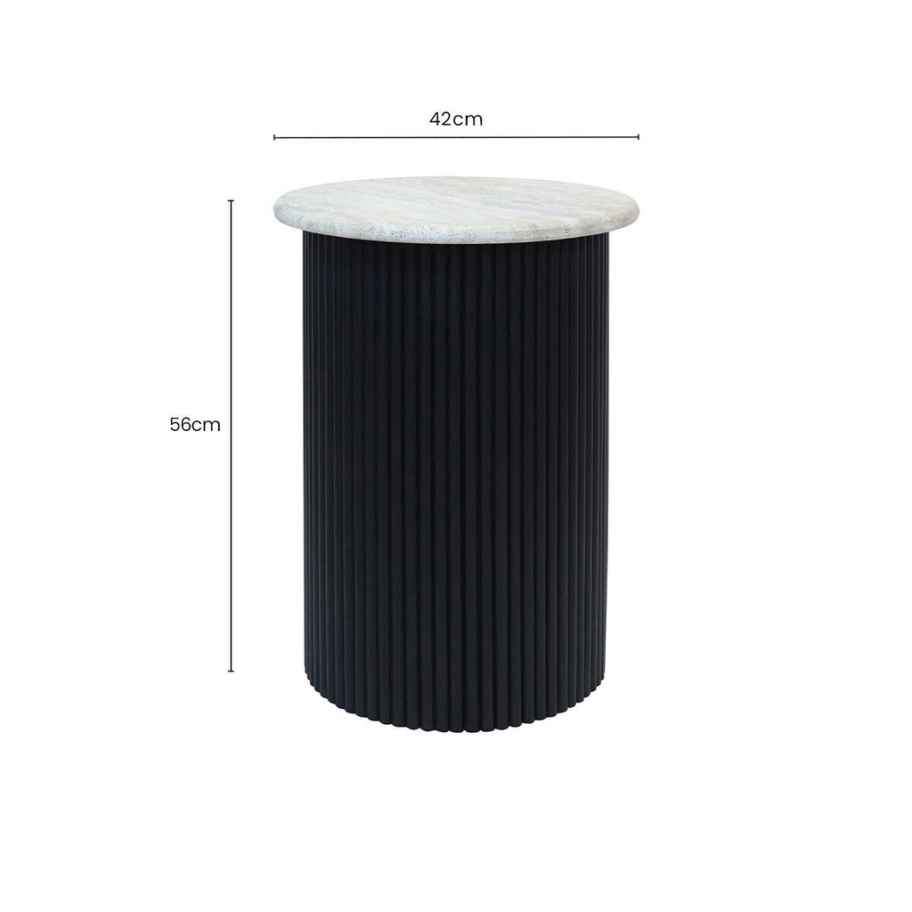 Orsina Walton Travertine Side Table | Ridged Black Acacia Wood Base