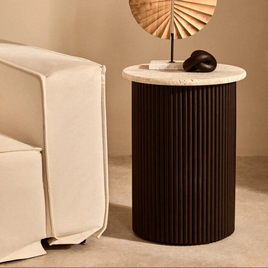 Orsina Walton Travertine Side Table | Ridged Black Acacia Wood Base