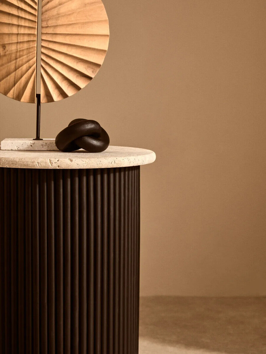 Orsina Walton Travertine Side Table | Ridged Black Acacia Wood Base