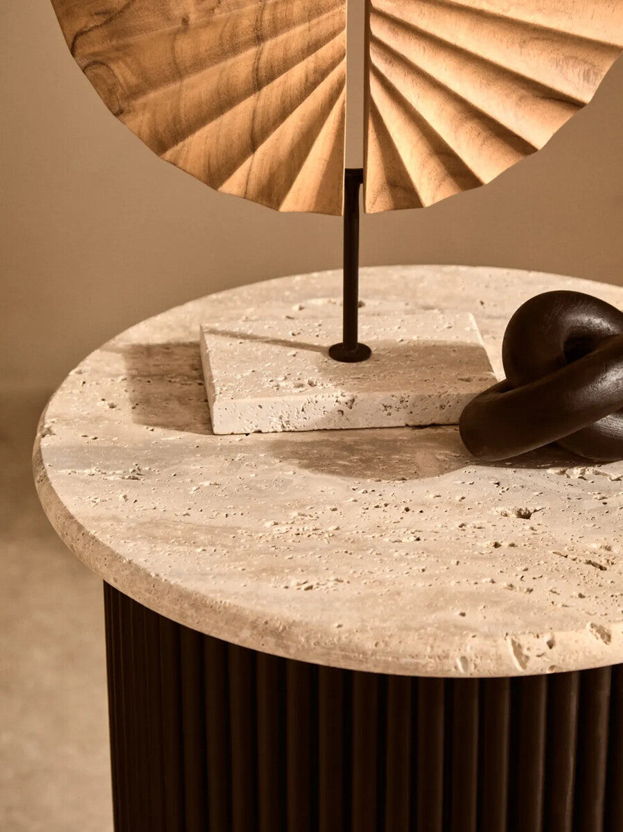 Orsina Walton Travertine Side Table | Ridged Black Acacia Wood Base