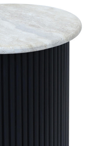 Orsina Walton Travertine Side Table | Ridged Black Acacia Wood Base