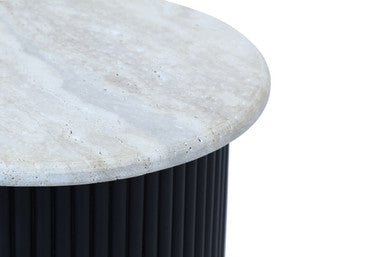 Orsina Walton Travertine Side Table | Ridged Black Acacia Wood Base