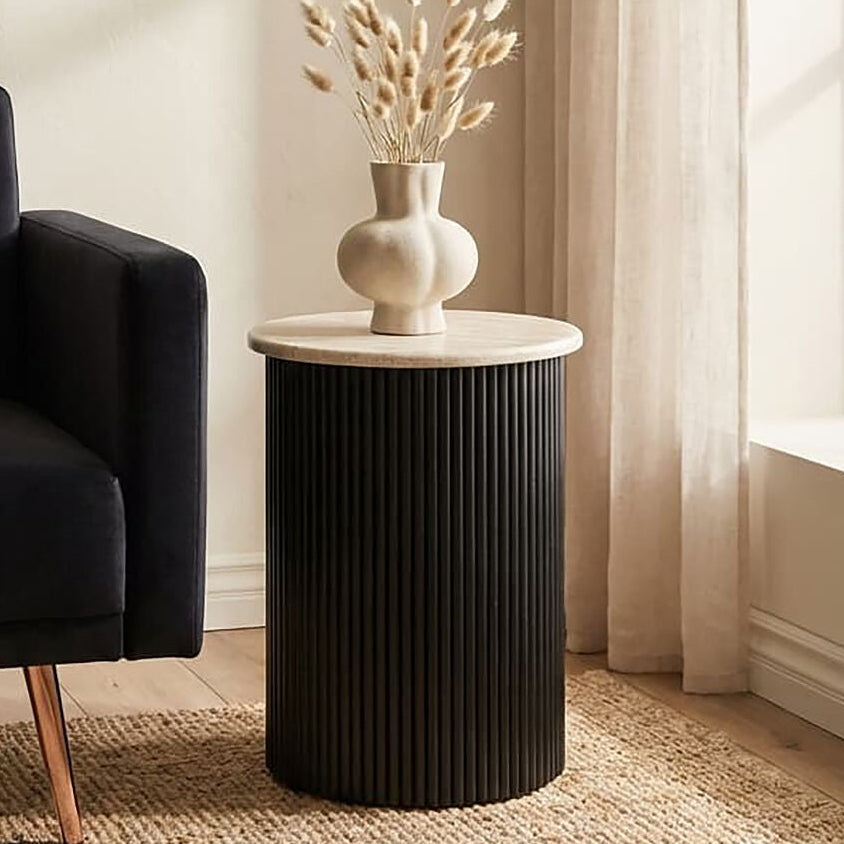 Orsina Walton Travertine Side Table | Ridged Black Acacia Wood Base
