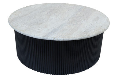 Orsina Walton Travertine Coffee Table with Black Acacia Drum Base