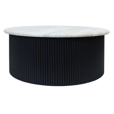 Orsina Walton Travertine Coffee Table with Black Acacia Drum Base