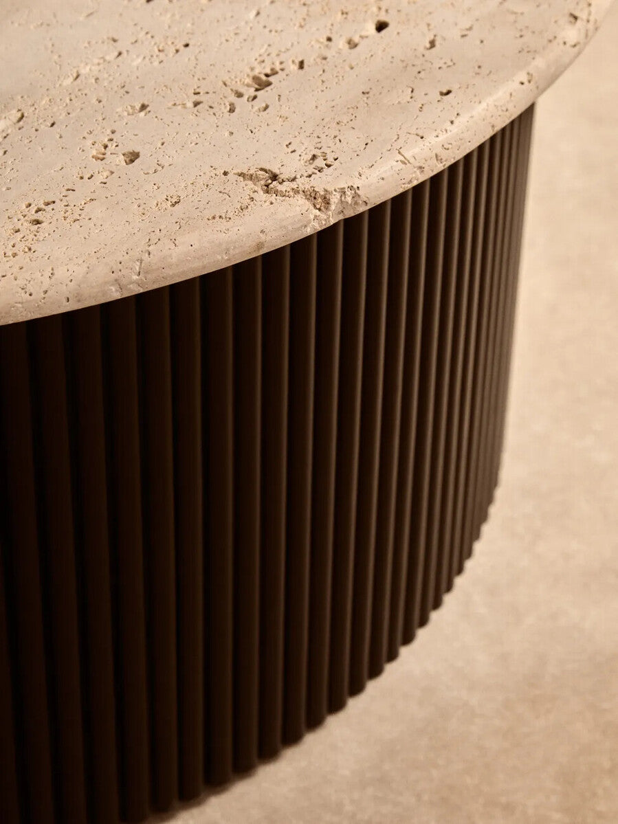 Orsina Walton Travertine Coffee Table with Black Acacia Drum Base
