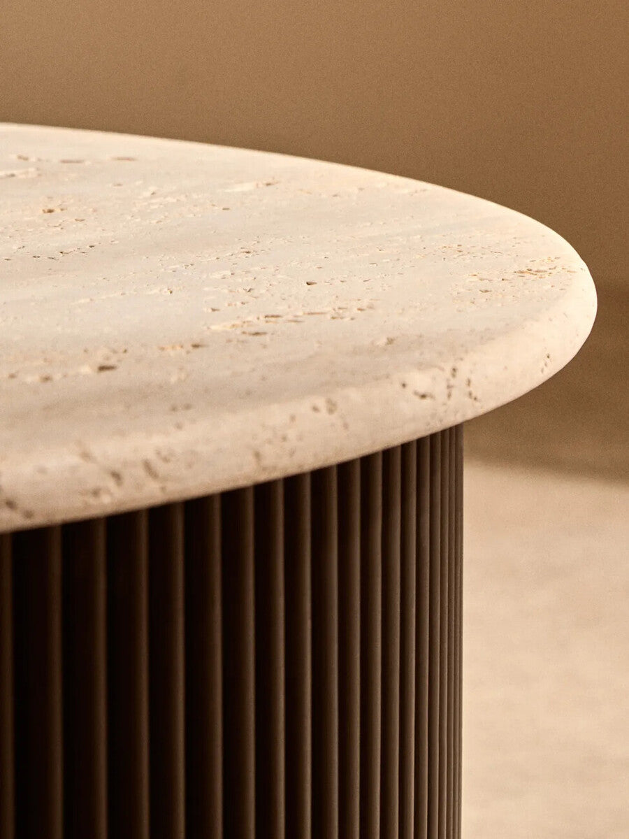 Orsina Walton Travertine Coffee Table with Black Acacia Drum Base