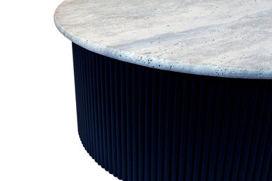 Orsina Walton Travertine Coffee Table with Black Acacia Drum Base