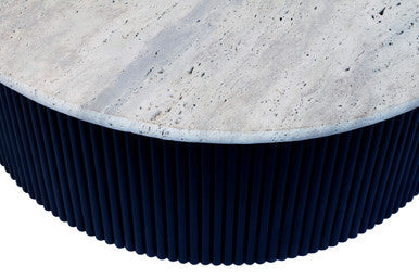 Orsina Walton Travertine Coffee Table with Black Acacia Drum Base