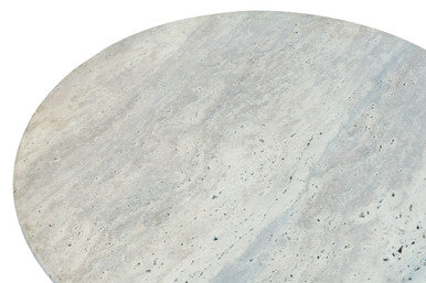Orsina Walton Travertine Coffee Table with Black Acacia Drum Base