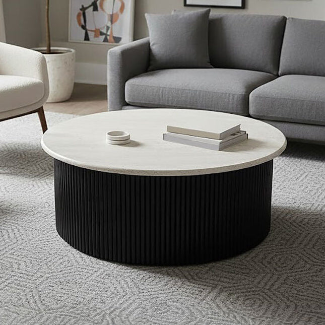 Orsina Walton Travertine Coffee Table with Black Acacia Drum Base