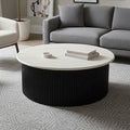 Orsina Walton Travertine Coffee Table with Black Acacia Drum Base