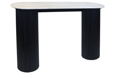 Orsina Walton Travertine Console Table | Ridged Black Acacia Wood