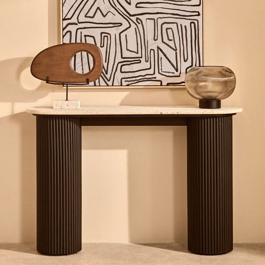 Orsina Walton Travertine Console Table | Ridged Black Acacia Wood