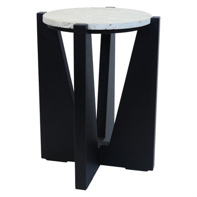Orsina Walton Cream Travertine and Black Acacia Wood Side Table