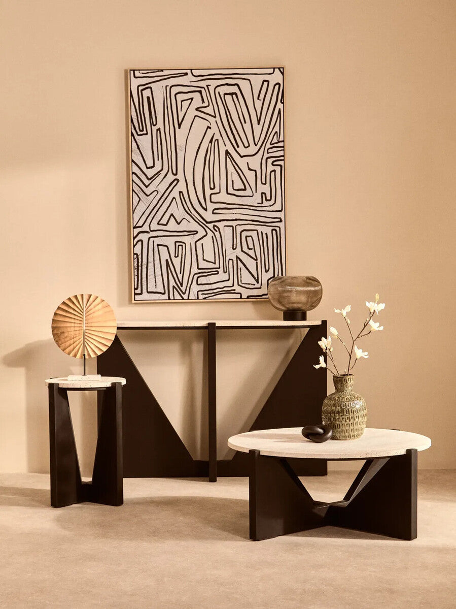 Orsina Walton Cream Travertine and Black Acacia Wood Side Table