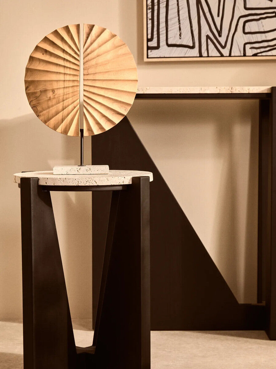 Orsina Walton Cream Travertine and Black Acacia Wood Side Table