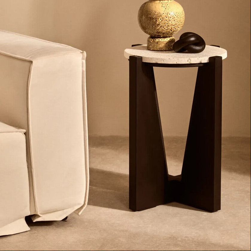 Orsina Walton Cream Travertine and Black Acacia Wood Side Table