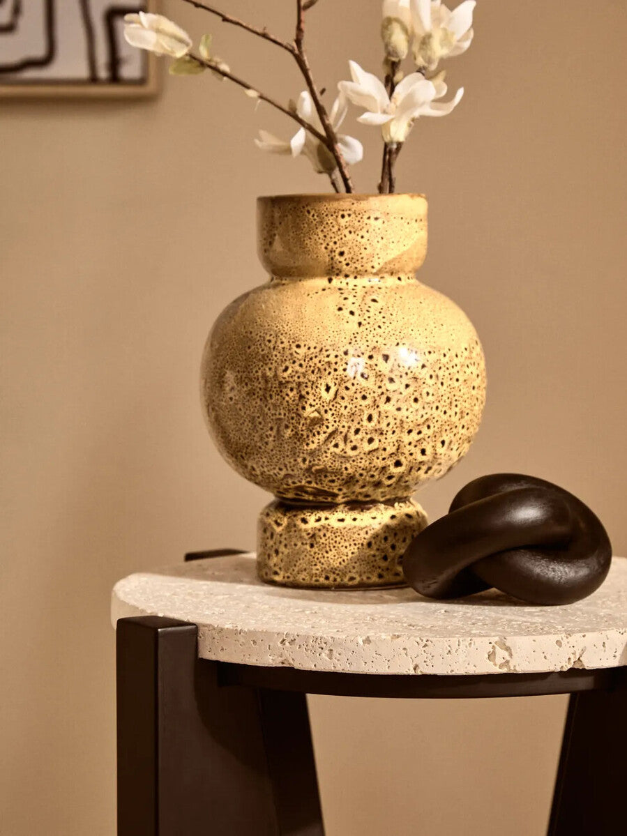 Orsina Walton Cream Travertine and Black Acacia Wood Side Table