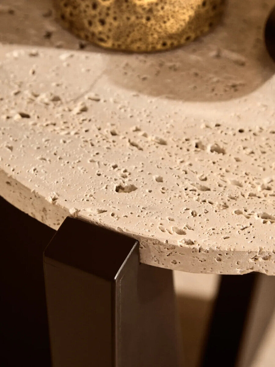 Orsina Walton Cream Travertine and Black Acacia Wood Side Table
