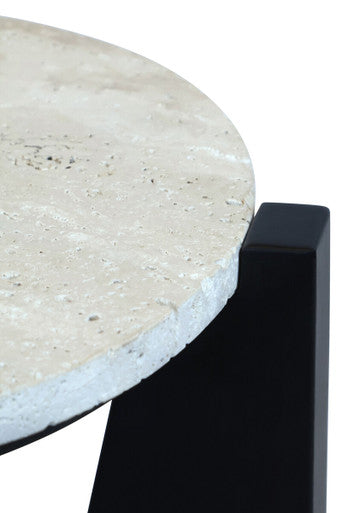Orsina Walton Cream Travertine and Black Acacia Wood Side Table