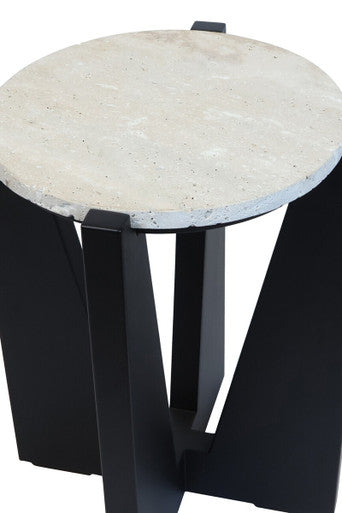 Orsina Walton Cream Travertine and Black Acacia Wood Side Table