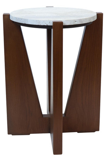 Orsina Walton Cream Travertine Side Table | Brown Acacia Wood Frame