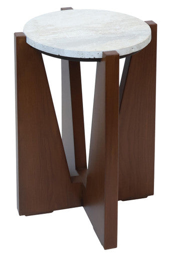 Orsina Walton Cream Travertine Side Table | Brown Acacia Wood Frame