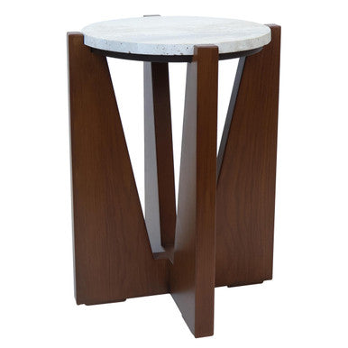 Orsina Walton Cream Travertine Side Table | Brown Acacia Wood Frame