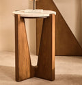 Orsina Walton Cream Travertine Side Table | Brown Acacia Wood Frame