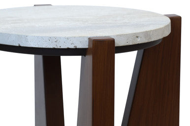 Orsina Walton Cream Travertine Side Table | Brown Acacia Wood Frame