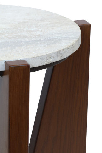 Orsina Walton Cream Travertine Side Table | Brown Acacia Wood Frame