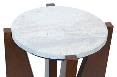 Orsina Walton Cream Travertine Side Table | Brown Acacia Wood Frame