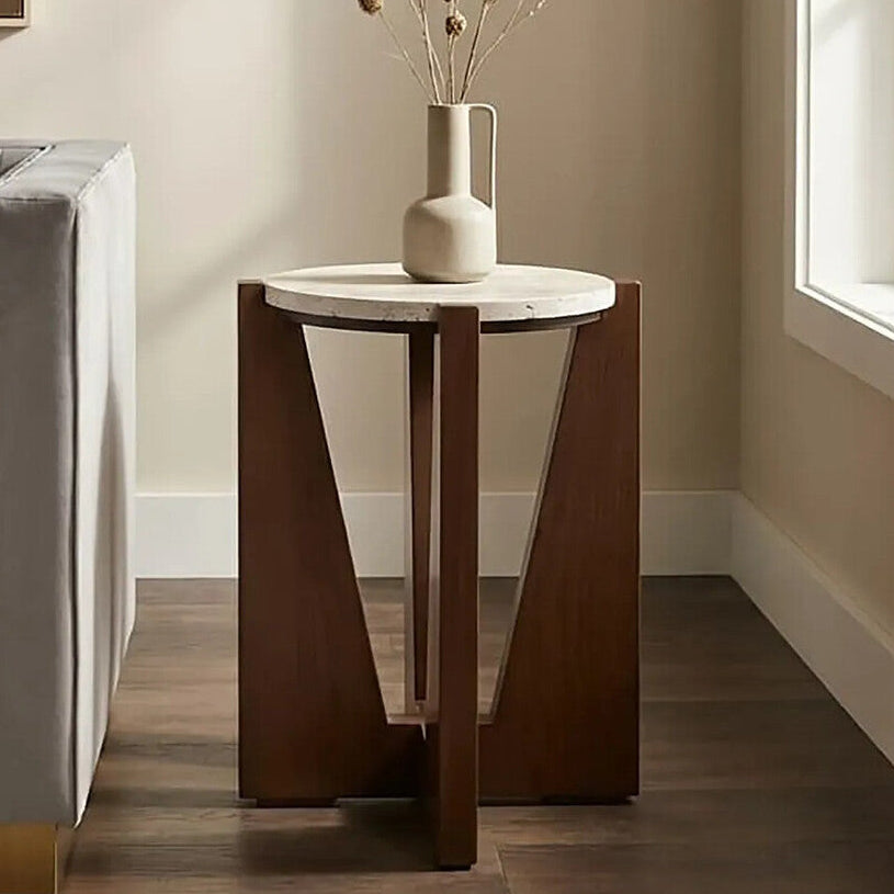 Orsina Walton Cream Travertine Side Table | Brown Acacia Wood Frame