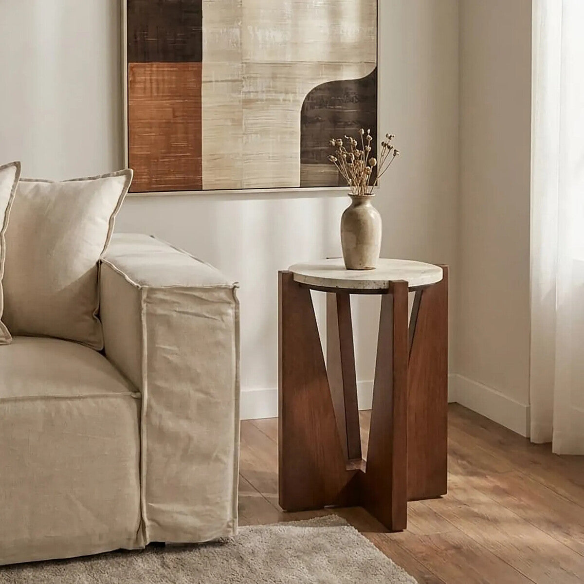 Orsina Walton Cream Travertine Side Table | Brown Acacia Wood Frame