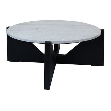 Orsina Walton Travertine Coffee Table – Black Acacia Geometric Frame