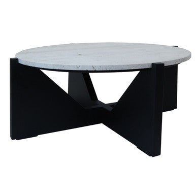 Orsina Walton Travertine Coffee Table – Black Acacia Geometric Frame