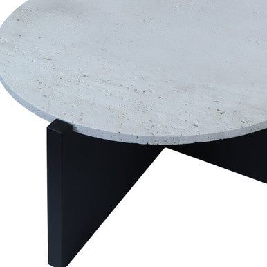 Orsina Walton Travertine Coffee Table – Black Acacia Geometric Frame