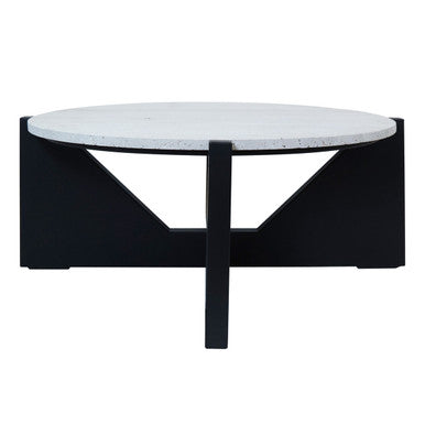 Orsina Walton Travertine Coffee Table – Black Acacia Geometric Frame