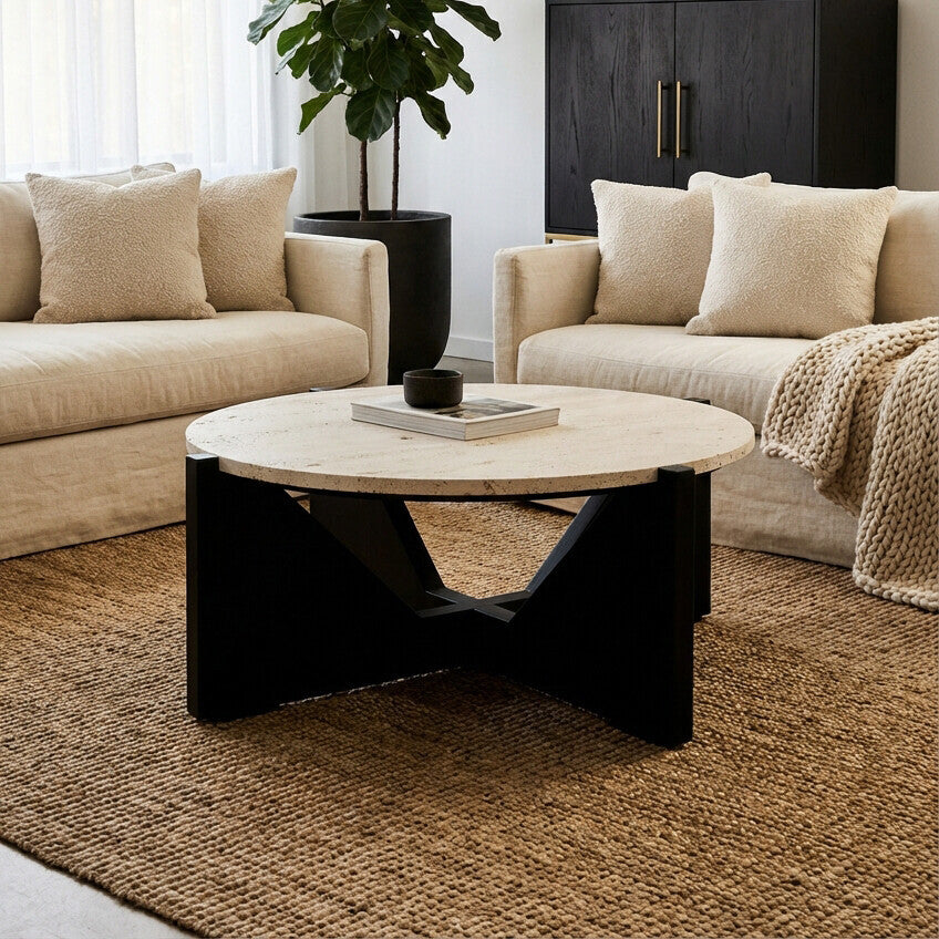 Orsina Walton Travertine Coffee Table – Black Acacia Geometric Frame