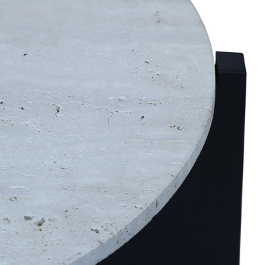 Orsina Walton Travertine Coffee Table – Black Acacia Geometric Frame