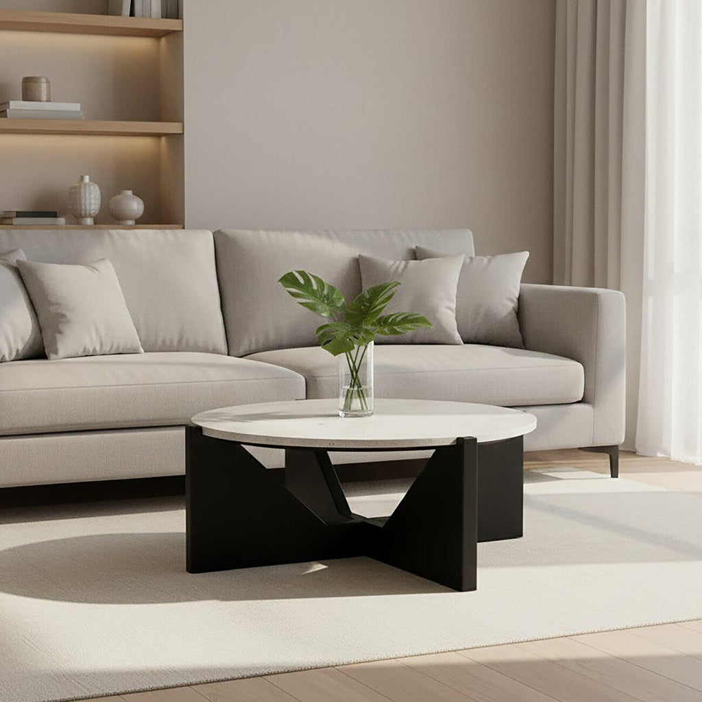 Orsina Walton Travertine Coffee Table – Black Acacia Geometric Frame