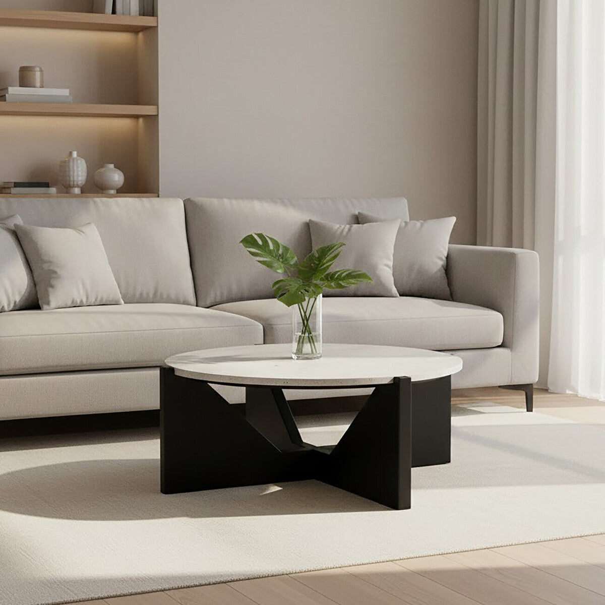 Orsina Walton Travertine Coffee Table – Black Acacia Geometric Frame