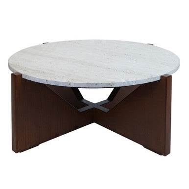 Orsina Walton Travertine Coffee Table – Brown Acacia Wood Geometric Frame