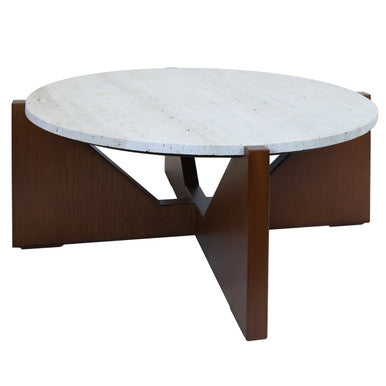 Orsina Walton Travertine Coffee Table – Brown Acacia Wood Geometric Frame