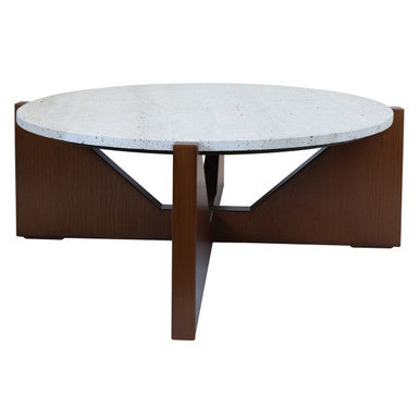 Orsina Walton Travertine Coffee Table – Brown Acacia Wood Geometric Frame