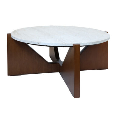 Orsina Walton Travertine Coffee Table – Brown Acacia Wood Geometric Frame