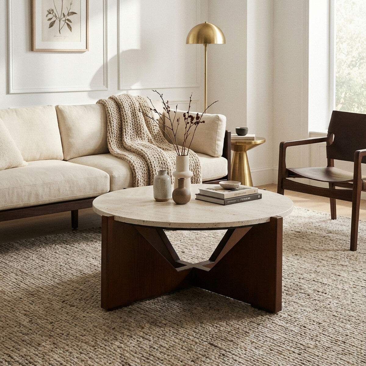 Orsina Walton Travertine Coffee Table – Brown Acacia Wood Geometric Frame