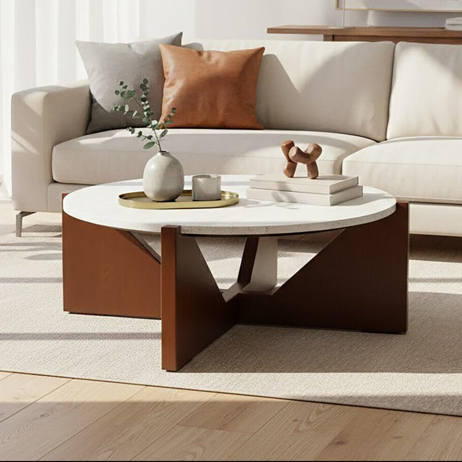 Orsina Walton Travertine Coffee Table – Brown Acacia Wood Geometric Frame